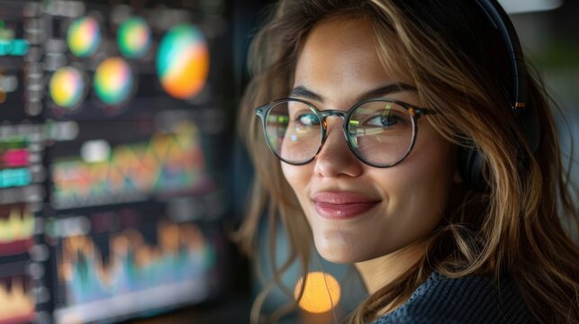 A young woman with glasses and headphones analyzing financial data on multiple computer screens in a modern office setting. - Powered by Adobe