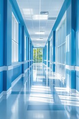 Obraz premium A brightly lit hospital corridor with blue walls, large windows, and a shiny floor reflecting natural light.