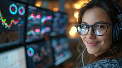 A smiling woman with glasses and headphones analyzing stock market data on multiple monitors in a modern office environment.