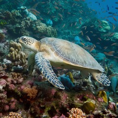 A majestic sea turtle glides over a vibrant coral reef, surrounded by colorful fish and diverse marine life, showcasing the beauty of underwater ecosystems.