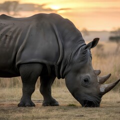 Fototapeta premium A majestic rhino grazes peacefully in a savanna at sunset. The warm glow of the setting sun highlights the rhino's powerful build and serene presence, creating a captivating wildlife scene.