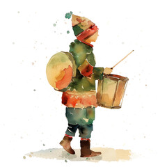 The Little Drummer Boy watercolor illustration isolated on transparent. Christmas png file for art work.
