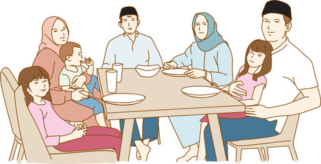 muslim asian family and grandparents having breakfast on ramadan