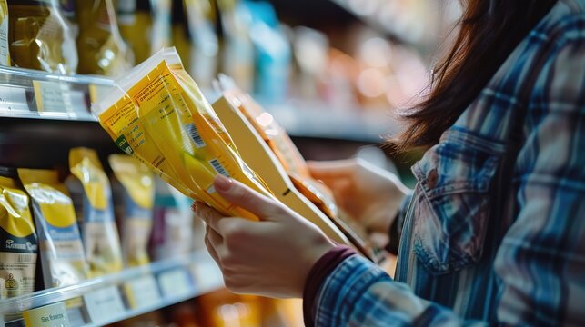 Close-up of an individual carefully reading ingredient labels on food packaging to avoid allergens, highlighting the importance of allergen awareness and prevention in everyday life.