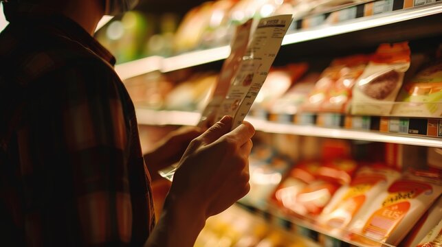 Close-up of an individual carefully reading ingredient labels on food packaging to avoid allergens, highlighting the importance of allergen awareness and prevention in everyday life.