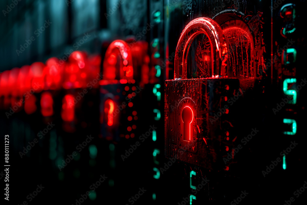 Poster futuristic digital padlock symbolizing cybersecurity on a vibrant abstract background of technology 