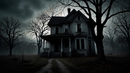 Silhouette of a Haunted House with Broken Windows and Bare Trees