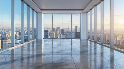 Fototapeta premium Spacious empty room with large windows overlooking a bustling cityscape during the day Generative AI