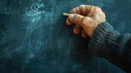 Elderly Hand Writing with Chalk on Blackboard - Education, Learning, Teaching Concept