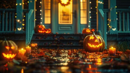 Fototapeta premium Festive Halloween Porch Decorated with Glowing Jack-o'-Lanterns and Candles at Night