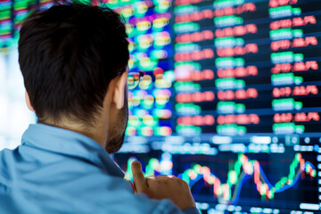 Businessman analyzing stock market data on multiple monitors in a modern office environment, monitoring trading charts and financial metrics.