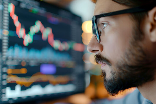 Businessman analyzing stock market data on multiple monitors in a modern office environment, monitoring trading charts and financial metrics.