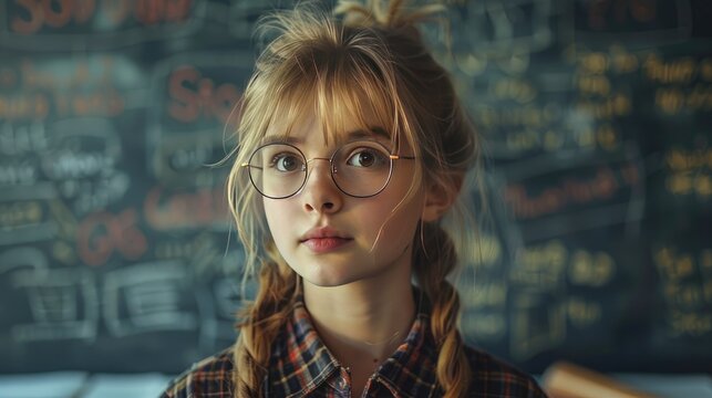 Young Student with Glasses in Front of Blackboard with Mathematical Formulas, Education Concept