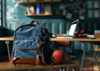School Backpack on Desk in Sunlit Classroom