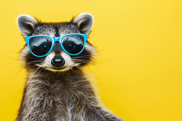 raccoon wearing sunglasses and a blue cap. The raccoon is smiling and looking at the camera