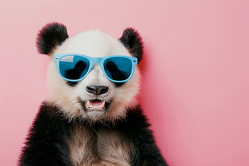 panda bear wearing sunglasses and a blue pair of glasses. The bear is looking at the camera with a serious expression