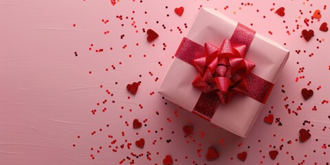 Obraz premium A pink box with a red bow on top of it is surrounded by red and pink confetti