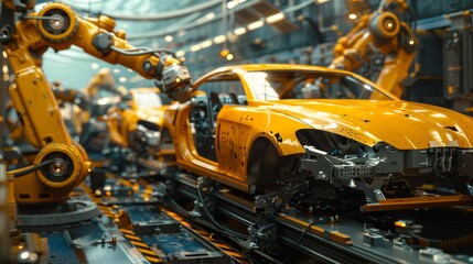 Fototapeta premium Advanced Car Production Line: Robotic Arms Assembling Half-Complete Vehicle Shells in an Industrial Factory.