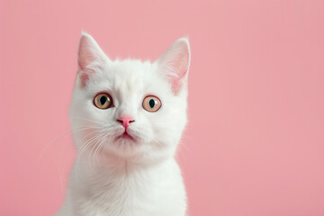 Fototapeta premium white cat with pink eyes is staring at the camera. The cat's eyes are bright and it has a cute, curious expression