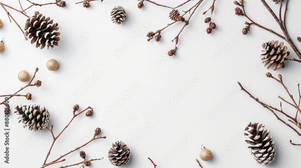 Wall mural Minimalist Christmas Decoration Twigs and Cones on White Background