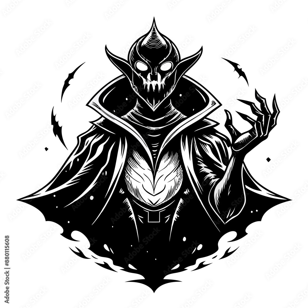 Poster dark fantasy character design with elegant cloak and mysterious aura