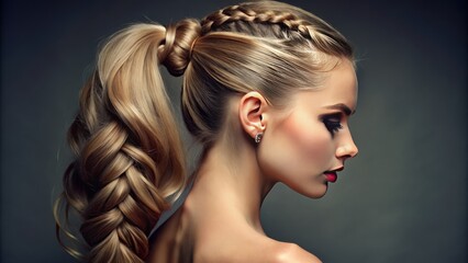Fototapeta premium Full head hairstyle of a woman with a braided ponytail.