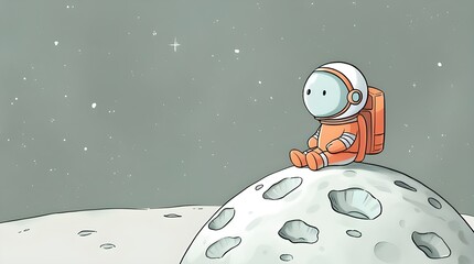 A whimsical digital illustration of a cartoonish astronaut, delicately rendered in soft pastel hues, sitting on a tiny, cratered moon, lost in thought as they stare out into the vast Generative AI
