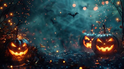 A Halloween scene with three pumpkins and bats