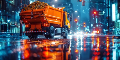 City Night Snowplow in Action on Wet Streets with Glowing Lights