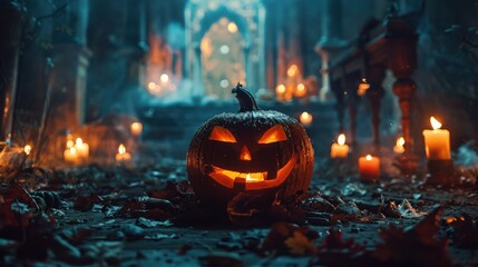 Obraz premium A pumpkin with a smiley face on it is sitting on the ground in front of a lit ca