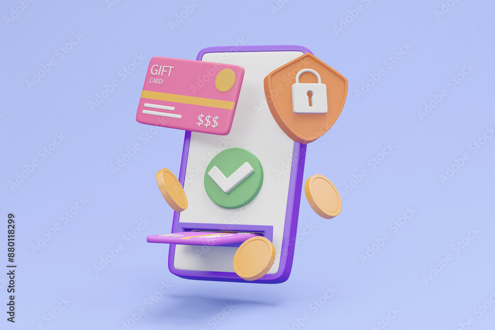Poster a detailed 3d render showcasing the process and security of digital gift card payments with floating