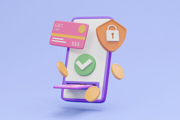 A detailed 3D render showcasing the process and security of digital gift card payments with floating elements of a smartphone, gift card, coins, checkmark, card reader, shield, and padlock