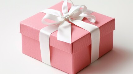 Obraz premium Pink gift box with white ribbon on white background