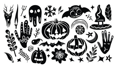 Set of isolated Halloween decoration elements in doodle hand-drawn graphic vector illustration on transparent background 5. Black silhouette style.