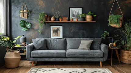 A living room with a grey couch, a few potted plants, and a hanging basket
