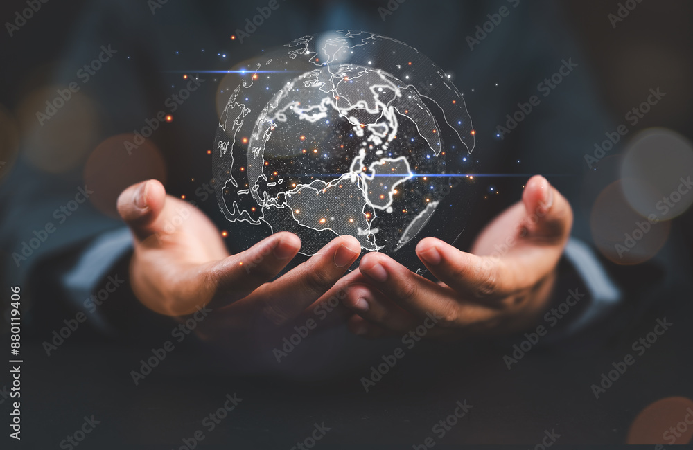 Poster businessman holding Global network connection. Big data analytics and business intelligence concept. World map point and line composition concept of global business.Digital link tech.