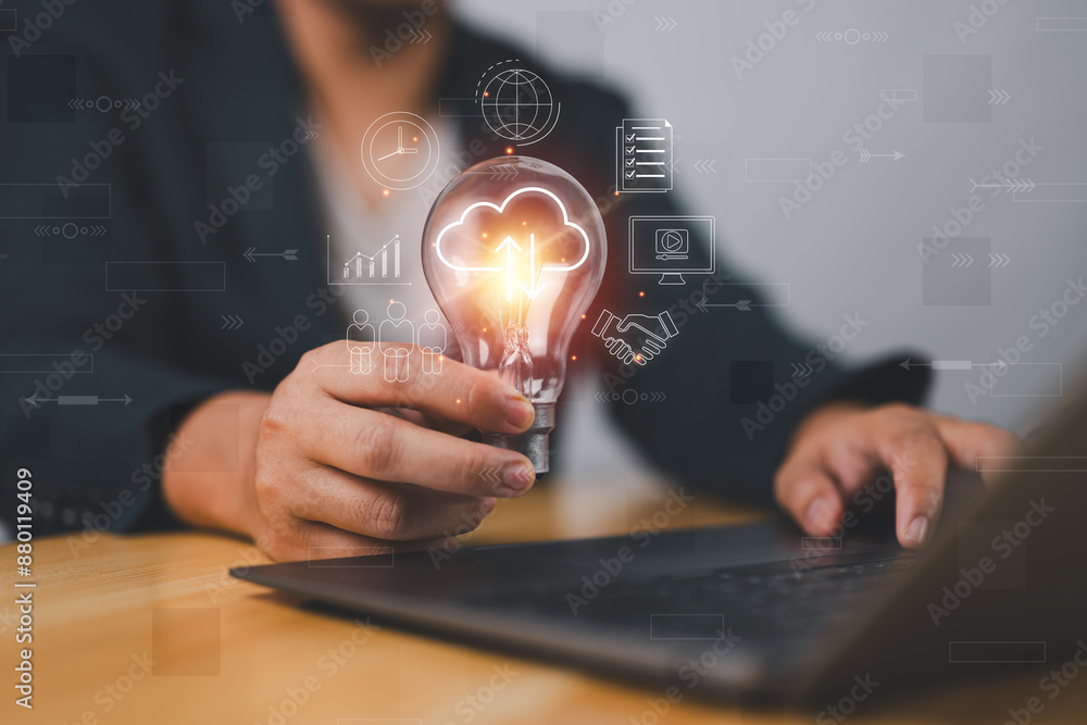 Poster Man Hand holding Light bulb Global Internet connection. Business global internet connection application technology and digital marketing, Financial and banking, Digital link tech, big data.