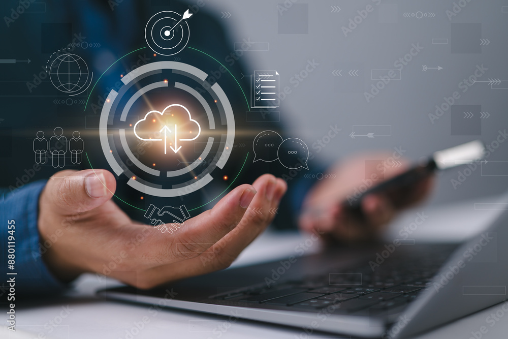 Aufkleber man use Laptop with cloud computing diagram show on hand. Cloud technology. Data storage. Networking and internet service concept.