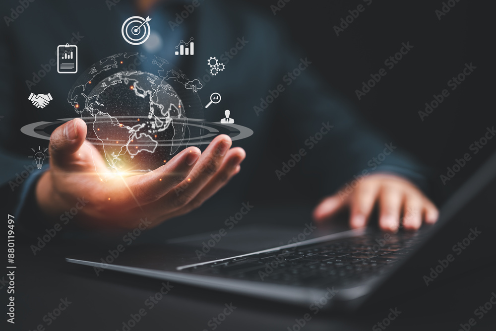 Aufkleber Man hand holding virtual global Internet connection metaverse. Business global internet connection application technology and digital marketing, Financial and banking, Digital link tech, big data.