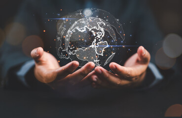 businessman holding Global network connection. Big data analytics and business intelligence...