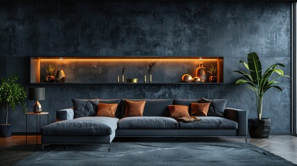 A modern living room with a large sectional couch, a potted plant