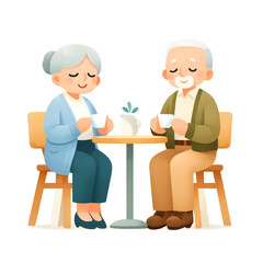 an elderly couple drinking tea together