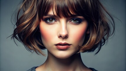Fototapeta premium Close-up of a woman with a choppy bob and side bangs.