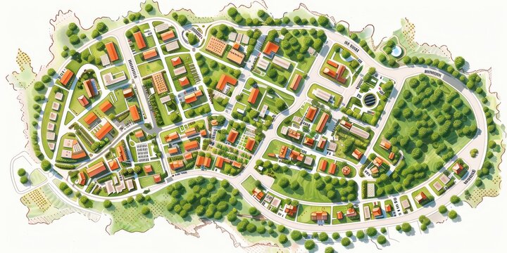 A map of a town with a lot of houses and trees