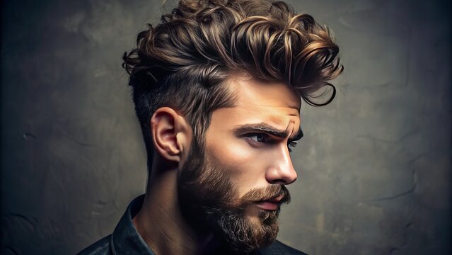 Full head hairstyle of a man with a curly quiff and beard.