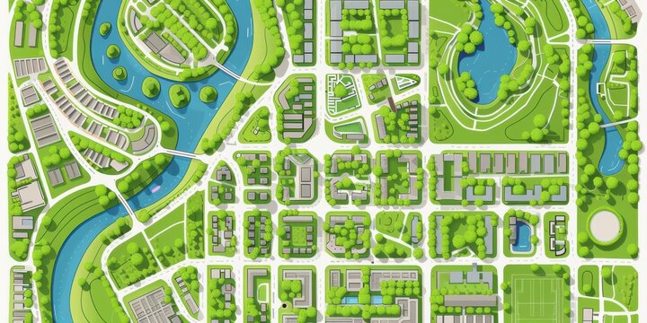 A city map with a river running through it and a park in the background