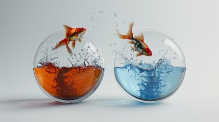Two Goldfish Jumping Out of Round Fishbowls