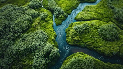 A lush green forest with a river running through it