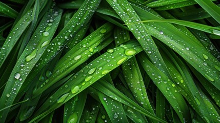 A bunch of green grass with droplets of water on it