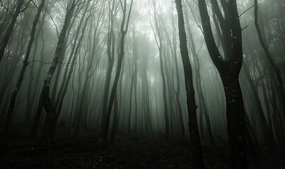 A forest with trees that are dark and foggy